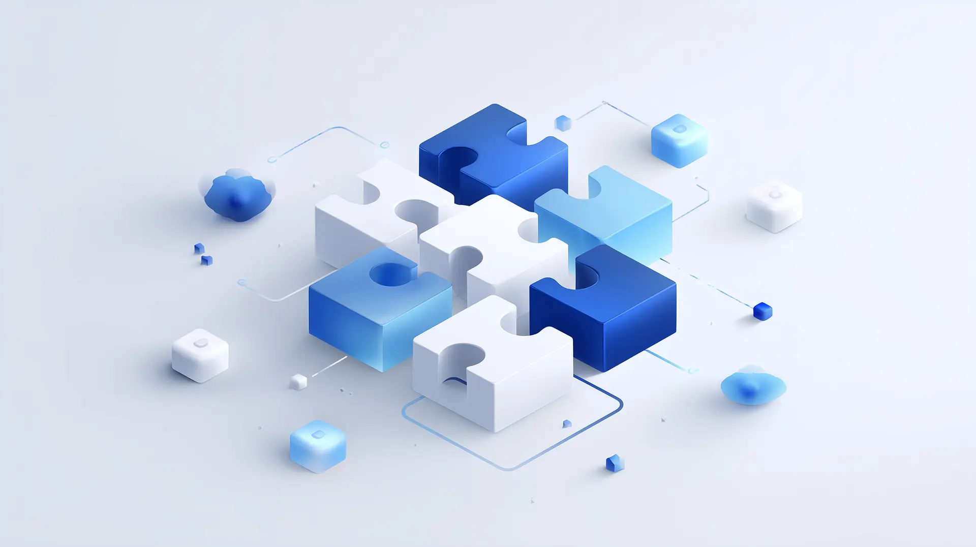 abstract 3d blue and white jigsaw puzzle pieces for business collaboration, conceptual isometric visualization of strategic integration and problem solving